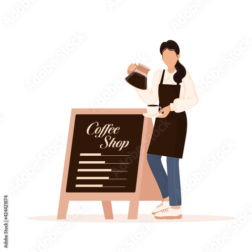 Flat character coffee shop barista. Vector illustration flat design. Vector infographic illustration. Cartoon male barista or waiter standing near menu board.