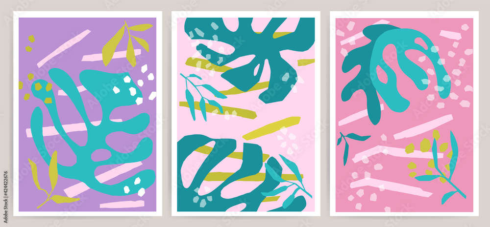 Set of Trendy texture posters with hand drawn floral leaves monstera Vector doodle style illustration Set of Trendy texture posters with hand drawn floral leaves monstera Vector doodle style illustration