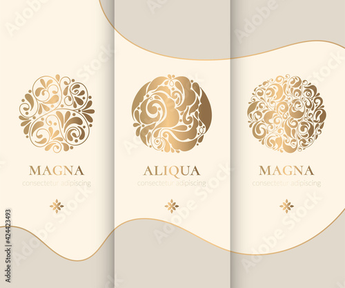 Vector set of gold emblems with leaves in a circle shape. Can be used for jewelry, beauty and fashion industry. Great for logo, monogram, invitation, flyer, menu, background, or any desired idea.