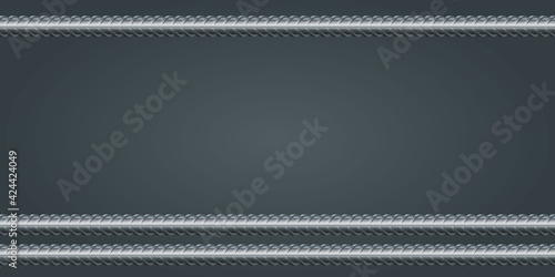 Vector background with copper rebars and copy space. Induastrial banner template on dark gray background. Vector illustration realistic metal rods and bars for building and construction.