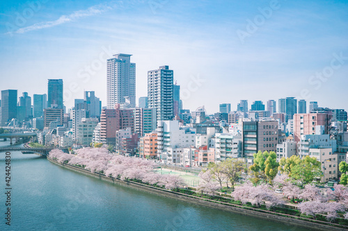 春の大阪の街並み（大川の桜） © Nuku