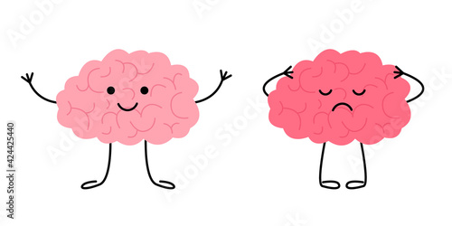 Brain happy healthy and sad sick characters. Check health brain mental organ. Headache, tired, pain, strain brain concept. Vector flat illustration