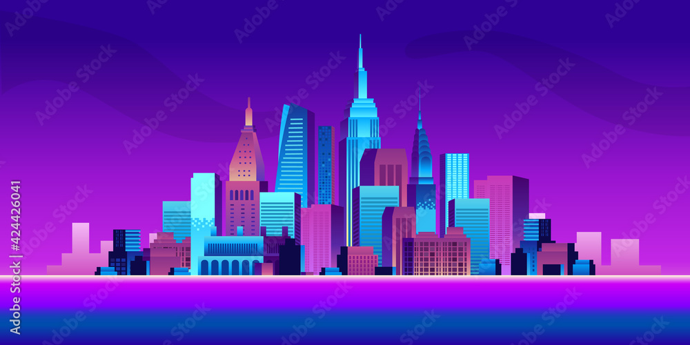 urban big city building skyscraper pop gradient modern color landscape scene illustration with sea and purple gradient night background