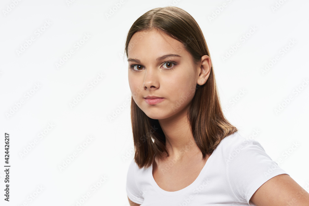 woman in white t-shirt attractive look clean skin isolated background woman in white t-shirt attractive look clean skin isolated background