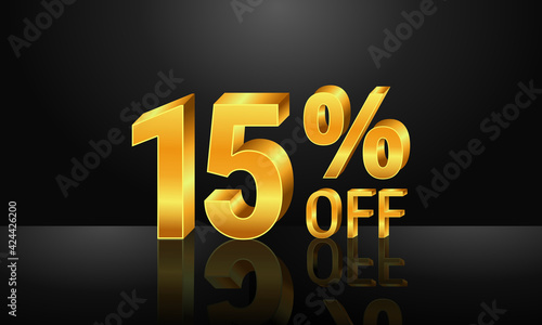 15% off 3d gold on dark black background, Special Offer 15% off, Sales Up to 15 Percent, big deals, perfect for flyers, banners, advertisements, stickers, offer icons, etc.