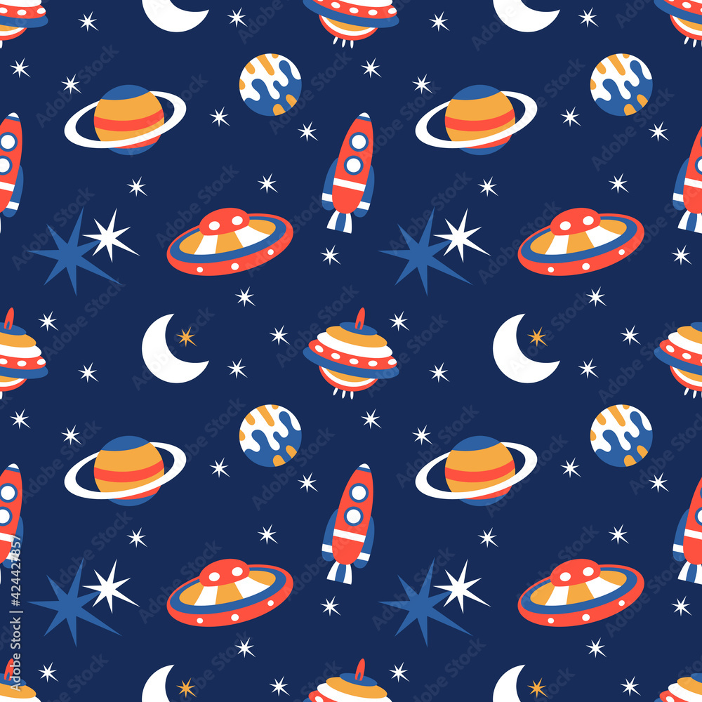 Seamless childish pattern with stars, planets, spaceship, moon, stars.