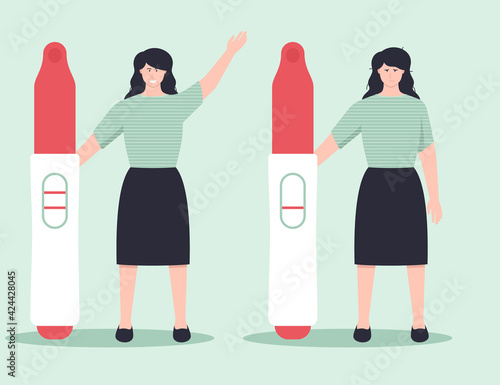 Young woman holding a big pregnancy test. Positive and negative result. Pregnancy planning concept, difficulties of conception, fertilization. Sad and happy character. Flat vector illustration