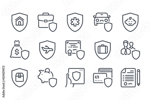 Insurance and assurance line icon set. Insurance case and security service linear icons. Emergency protection and safety outline vector sign collection.