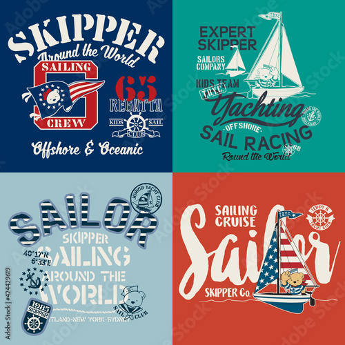 Cute sailor bear kid yacht club cartoon vector print collection for children marine wear