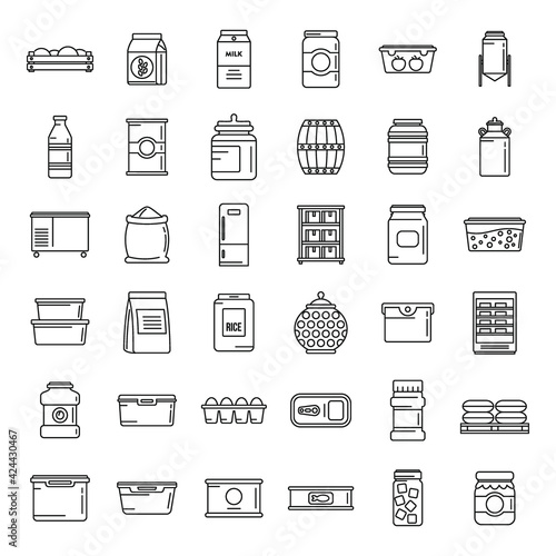 Home food storage icons set, outline style