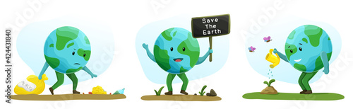 Collection of cute cartoon Earth. Save and protect planet. Concept of environmental protection and nature care. Design for greeting card, invitation, postcard, poster or print. Vector illustration.