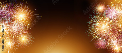 Festival fireworks frame. Bright crackers lights in night sky, firework banner and traditional celebration background . Abstract gold, black and blue glitter background with fireworks.