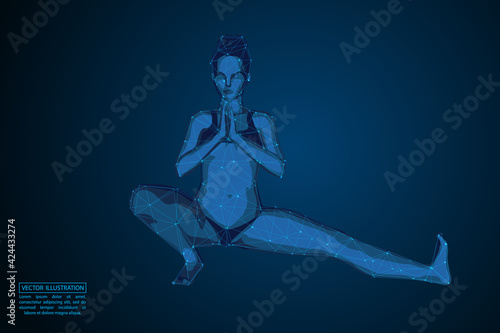 Woman yoga, fitness, gymnastics. Abstract consists 3d of triangles, lines, dots and connections. On a dark blue background cosmic universe stars. Vector illustration eps 10.