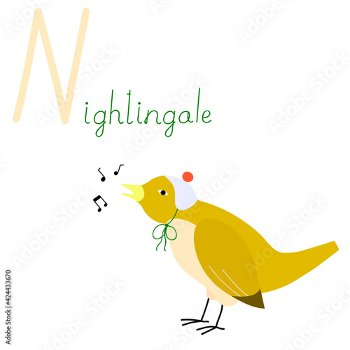 Educational Cartoon Vector Illustration Hand drawn English letter N. Alphabet with nightingle. Animal Character for children design. photo