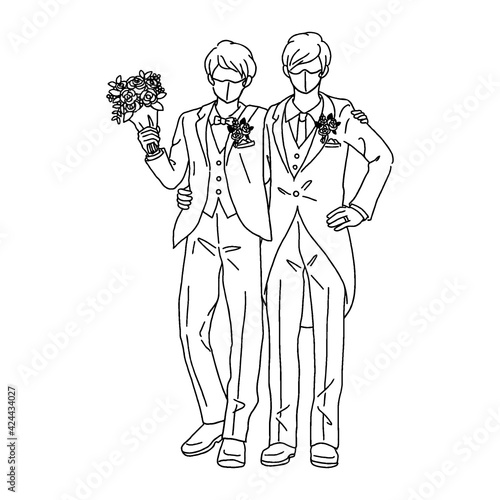 
マスクをした同性カップルの結婚式　手描き線画イラスト