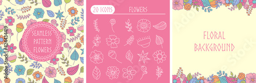 Bundling of seamless pattern, icon and background flowers