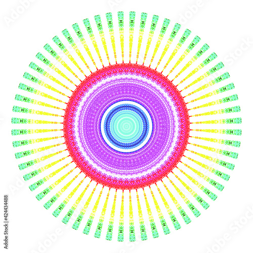 Creative multicolored points round symbol. Abstract symmetrical logo. Mosaic colorful beautiful beads. Circle dots modern pixel floral art icon. Colored pattern ornament wheel decorative illustration.