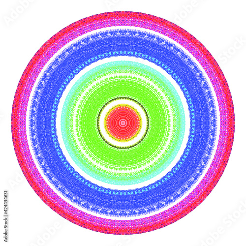 Creative multicolored points round symbol. Abstract symmetrical logo. Mosaic colorful beautiful beads. Circle dots modern pixel floral art icon. Colored pattern ornament wheel decorative illustration.