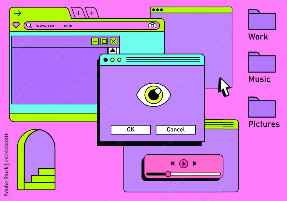 Retro vaporwave desktop with message boxes and user interface elements. A conceptual illustration of website and application programming.