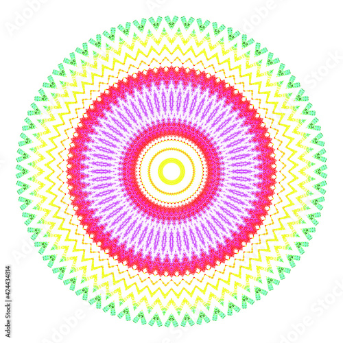 Creative multicolored points round symbol. Abstract symmetrical logo. Mosaic colorful beautiful beads. Circle dots modern pixel floral art icon. Colored pattern ornament wheel decorative illustration.