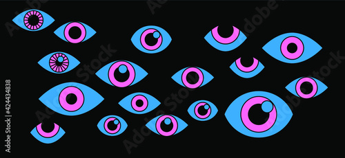 Many cartoon eyes stare out of the darkness. A conceptual illustration of paranoia, hallucinations and delusional perceptions.