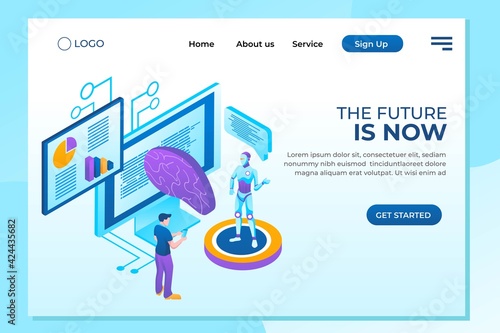 Human interactive tech interaction. Images of robot human working at office, can use for web banner, infographics, hero images. Flat isometric vector illustration isolated on white background.