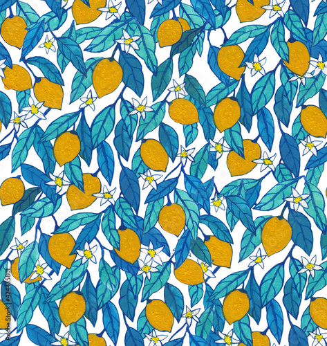 Seamless pattern. Blooming .lemon. Flowers neroli. watercolor .lemon