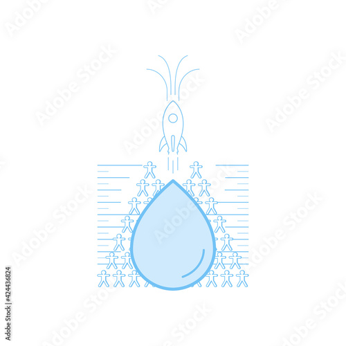Rising rocket as a gimmick of fast growing population. Overpopulation will become problematic for limited water resource. Vector illustration outline flat design style.