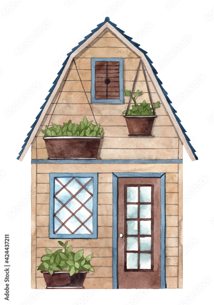 Countryside rancho with potted plants. Sweet home watercolor illustration. Tiny house wooden facade Countryside rancho with potted plants. Sweet home watercolor illustration. Tiny house wooden facade