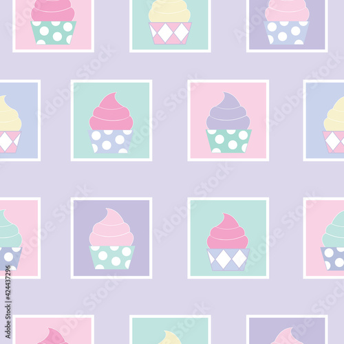Colorful cupcake squares vector illustration on lilac background repeat seamless pattern design.