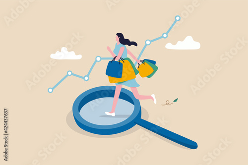 Customer insight, information from analyze consumer behaviors or journey, optimizing customer experience concept, happy woman consumer holding full of shopping bags on analysis magnifying glass.