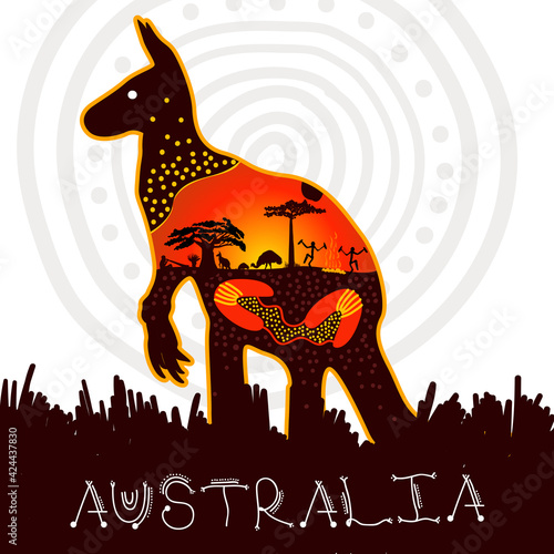 Kangaroo with aboriginal art decoration - Australia banner design