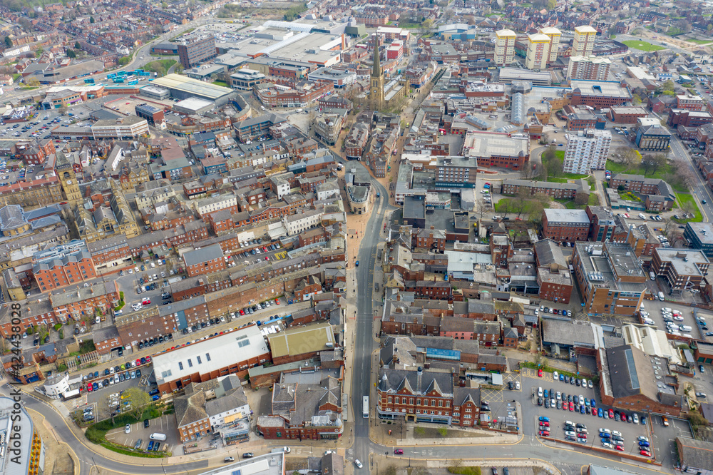 Aerial photo of the British town of Wakefield in West Yorkshire in the UK showing the main street and main road through the city centre taken in the spring time