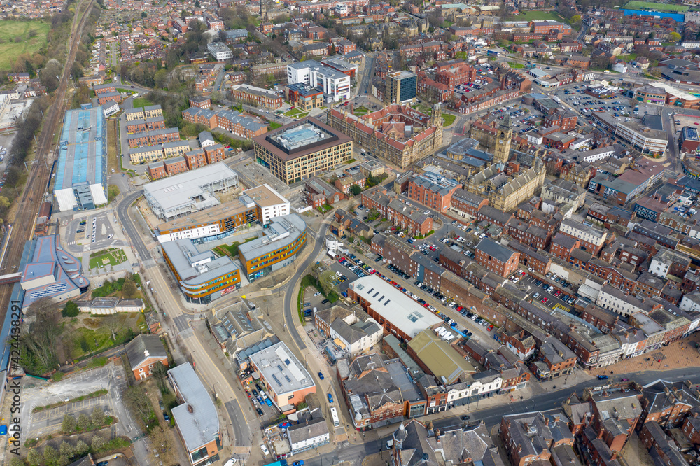 Aerial photo of the British town of Wakefield in West Yorkshire in the UK showing the main street and main road through the city centre taken in the spring time