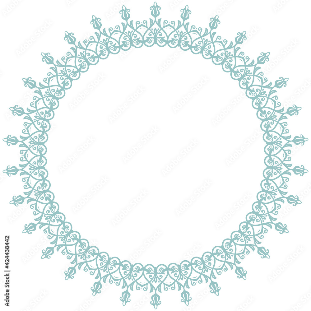 Oriental round frame with arabesques and floral elements. Floral border with blue vintage pattern. Greeting card with place for text Oriental round frame with arabesques and floral elements. Floral border with blue vintage pattern. Greeting card with place for text