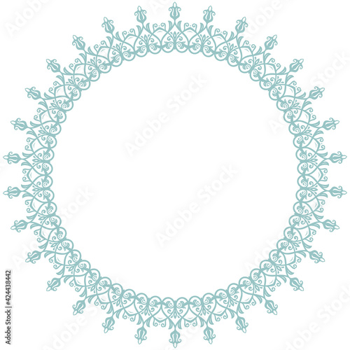 Oriental round frame with arabesques and floral elements. Floral border with blue vintage pattern. Greeting card with place for text