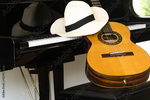 viola caipira country Braziian guitar near grand piano and panama hat
