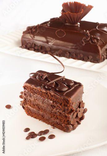 A styled Chocolate cake and a piece of that cake in front of it.