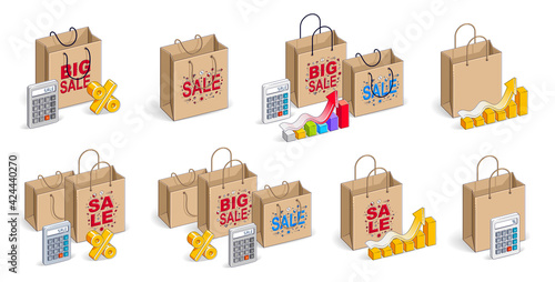Shop retail sale vector 3D illustrations set isolated on white background, shopping bags with money and other elements, store discount, Black Friday concept, clearance.