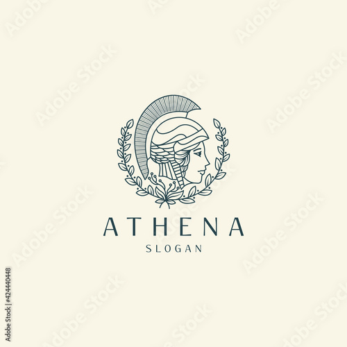 Luxurious Greek Goddess Athena mono line logo icon design template vector illustration photo