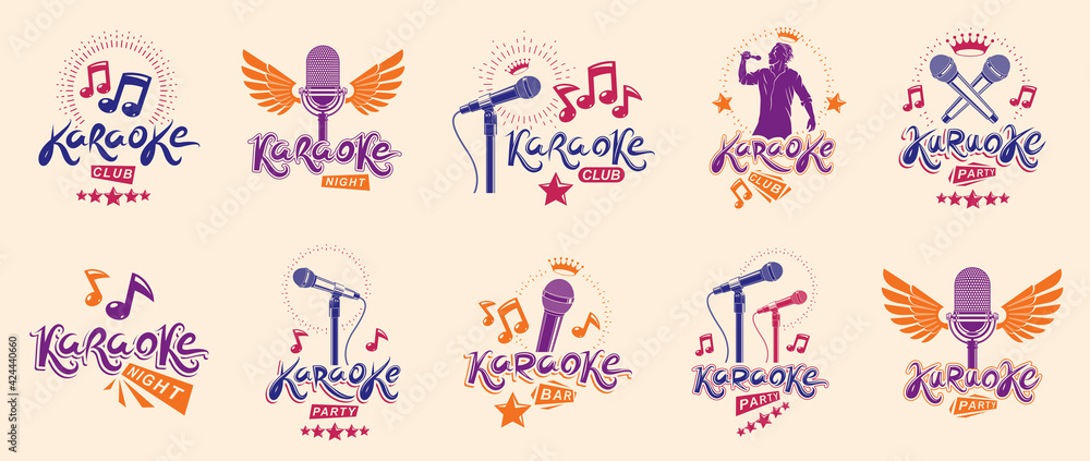 Karaoke party or club logos and emblems vector set isolated, singing music nightlife entertainment weekend theme, microphones and musical notes compositions.