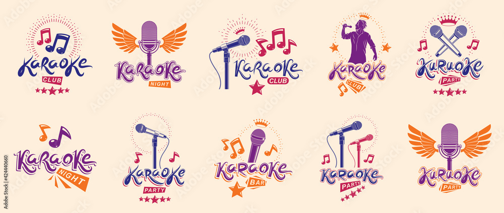 Fototapeta premium Karaoke party or club logos and emblems vector set isolated, singing music nightlife entertainment weekend theme, microphones and musical notes compositions.
