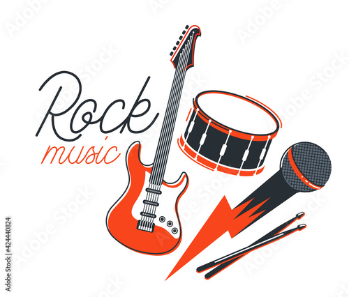 Rock music band vector flat illustration isolated over white background, hard rock and heavy metal live sound festival or concert, rock n roll musical band playing, night club party.