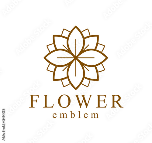 Beautiful geometric flower logo vector linear design isolated on white, sacred geometry line drawing emblem or symbol, blossoming flower hotel or boutique or jewelry logotype.