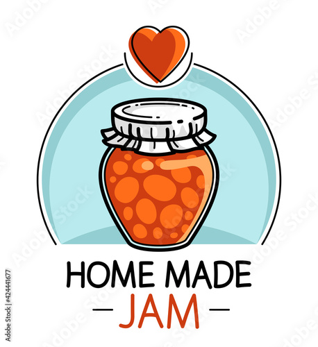 Jar of jam isolated on white vector emblem or illustration in cartoon style, delicious and healthy natural food homemade marmalade.