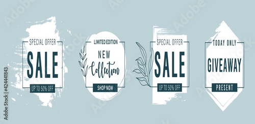 Grunge frames with text sale,new collection,super big finale special offer.Spring floral blue background with grunge gold patina.Border for banner,flyer,social media.Vector template poster discount