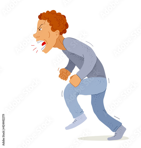 Aggressive man psychological abuser vector illustration, scream and shout quarrel with violent clenched fists, domestic violence and abuse, alcoholism bad behavior, psychopath manipulator.