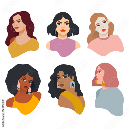 Set of beautiful woman portraits isolated on white background. Vector illustration.