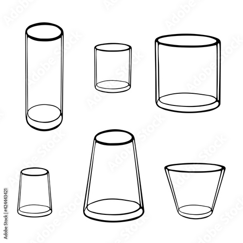 Black hand drawn illustration of a group of transparent glasses or vases for water or flowers isolated on a white background