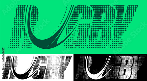 RUGBY emblem. Inscription with name of sport game RUGBY from dots with letter U in form of sports ball. Design element, print for clothes. Vector
